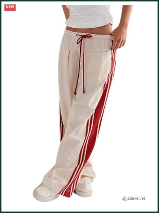 Pants - Women's Wide Leg Palazzo Pants Drawstring High Rise Side Striped Pockets